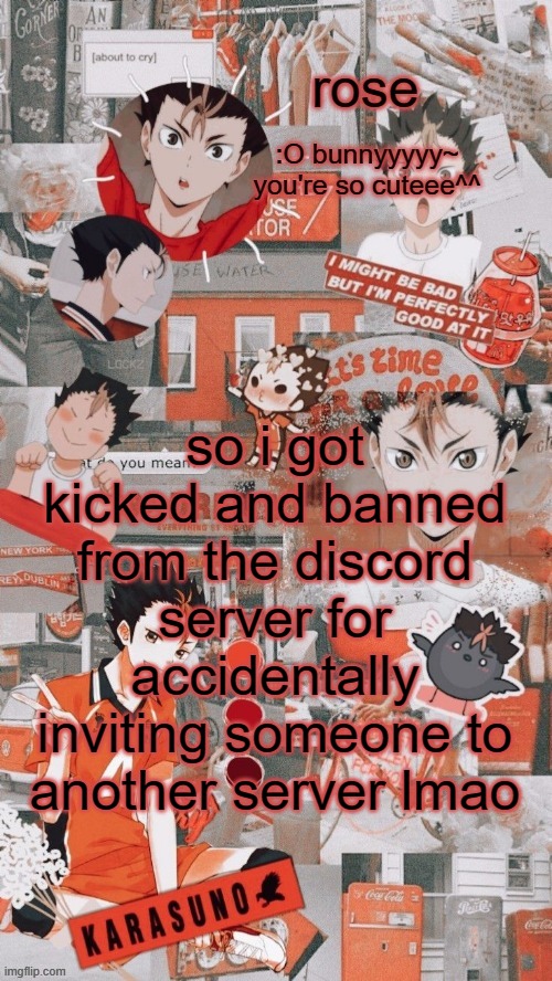 roses nishinoya temp | so i got kicked and banned from the discord server for accidentally inviting someone to another server lmao | image tagged in roses nishinoya temp | made w/ Imgflip meme maker