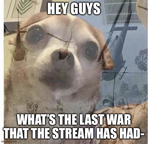 It’s been a long ass time too | HEY GUYS; WHAT’S THE LAST WAR THAT THE STREAM HAS HAD- | image tagged in ptsd chihuahua | made w/ Imgflip meme maker
