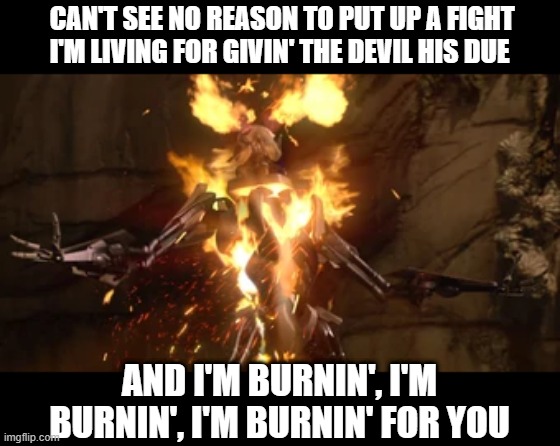 Toto Grievous | CAN'T SEE NO REASON TO PUT UP A FIGHT
I'M LIVING FOR GIVIN' THE DEVIL HIS DUE; AND I'M BURNIN', I'M BURNIN', I'M BURNIN' FOR YOU | image tagged in grievous burning | made w/ Imgflip meme maker