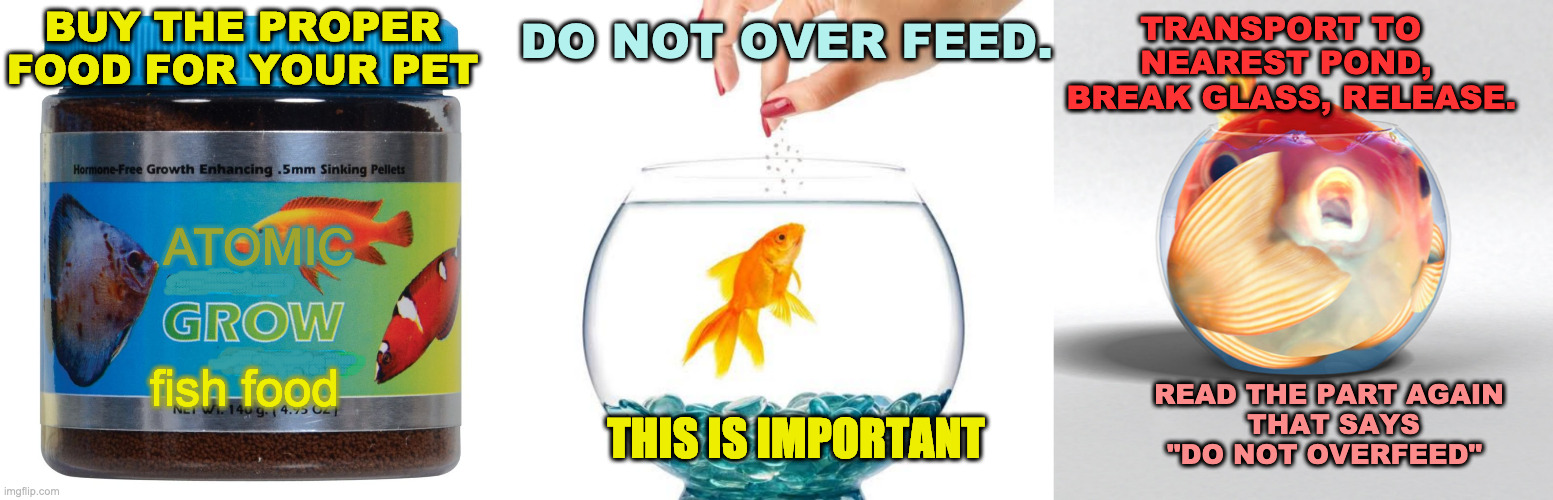 Do Not Overfeed | DO NOT OVER FEED. TRANSPORT TO 
NEAREST POND,
 BREAK GLASS, RELEASE. BUY THE PROPER FOOD FOR YOUR PET; ATOMIC; fish food; READ THE PART AGAIN
 THAT SAYS
"DO NOT OVERFEED"; THIS IS IMPORTANT | image tagged in goldfish being fed,fishfood | made w/ Imgflip meme maker