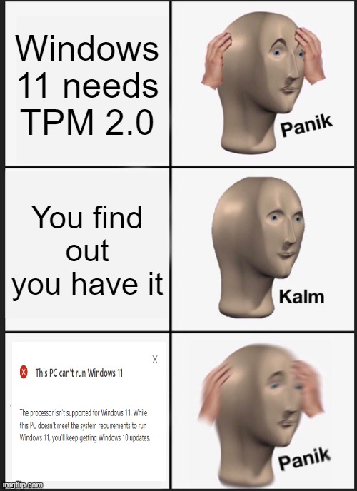 Windows 11 be like | Windows 11 needs TPM 2.0; You find out you have it | image tagged in memes,panik kalm panik,windows 11,windows | made w/ Imgflip meme maker