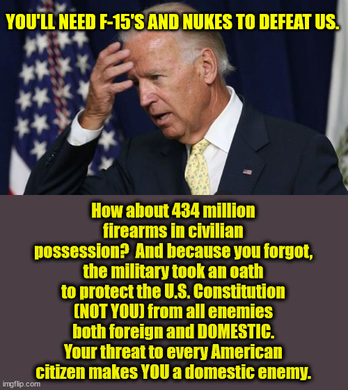 Why Democrats?  Why?  You had a big handful of candidates but you chose the dumbest and forced him on us?  Do you hate this coun | YOU'LL NEED F-15'S AND NUKES TO DEFEAT US. How about 434 million firearms in civilian possession?  And because you forgot, the military took an oath to protect the U.S. Constitution (NOT YOU) from all enemies both foreign and DOMESTIC.
Your threat to every American citizen makes YOU a domestic enemy. | image tagged in biden threatens amerca,biden is a threat,biden is an idiot | made w/ Imgflip meme maker