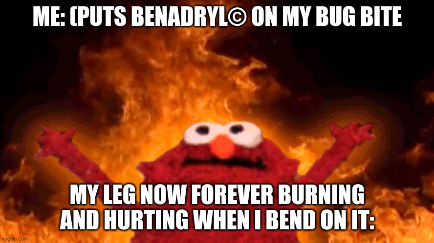 This actually just happened to me it STILL burns and hurts O W - |  ME: (PUTS BENADRYL© ON MY BUG BITE; MY LEG NOW FOREVER BURNING AND HURTING WHEN I BEND ON IT: | image tagged in elmo fire,emu,meme,benadryl,not sponsored,all rights reserved | made w/ Imgflip meme maker