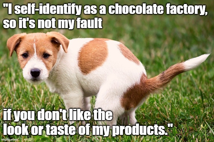 Crude humor and identity politics - Dog pooping and self-identifying as a chocolate factory. | "I self-identify as a chocolate factory, 
so it's not my fault; if you don't like the look or taste of my products." | image tagged in memes,identity politics,funny memes,potty humor,cute dog,dog poop | made w/ Imgflip meme maker