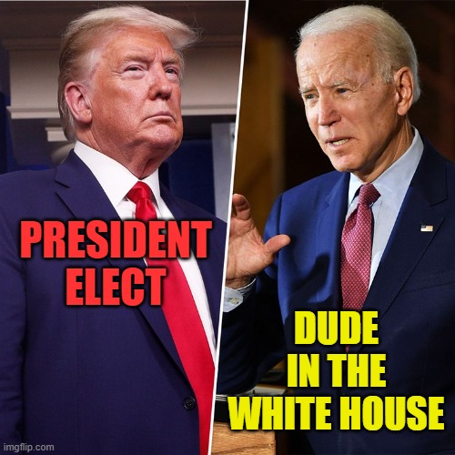 Let's call things how they are | PRESIDENT ELECT; DUDE IN THE WHITE HOUSE | image tagged in president elect,fraud,voter fraud,election fraud | made w/ Imgflip meme maker