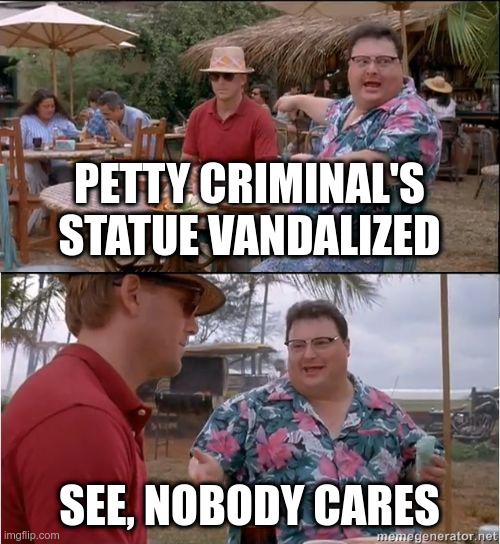 See? No one cares | PETTY CRIMINAL'S STATUE VANDALIZED SEE, NOBODY CARES | image tagged in see no one cares | made w/ Imgflip meme maker