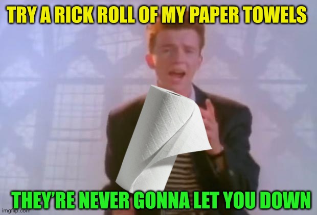 Rick Astley | TRY A RICK ROLL OF MY PAPER TOWELS THEY’RE NEVER GONNA LET YOU DOWN | image tagged in rick astley | made w/ Imgflip meme maker