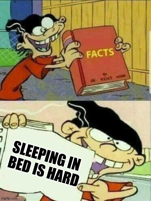 Double d facts book  | SLEEPING IN 
BED IS HARD | image tagged in double d facts book | made w/ Imgflip meme maker