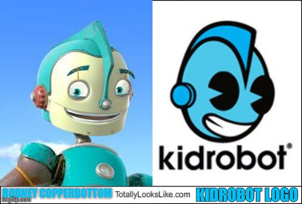 KidRobot Logo Looks Like Rodney Copperbottom | KIDROBOT LOGO; RODNEY COPPERBOTTOM | image tagged in robots,rodney copperbottom,robots movie,kidrobot,20th century fox | made w/ Imgflip meme maker