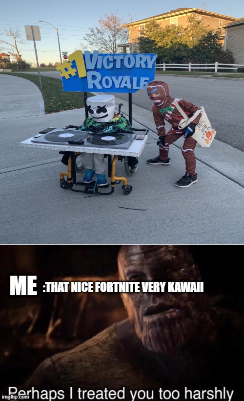 SOUP-RICISINGLY I USED TO HATE FORTNITE UNTIL I SAW THIS BUT DAMN I FEEL BAD FOR THE KID | ME; :THAT NICE FORTNITE VERY KAWAII | image tagged in perhaps i treated you too harshly | made w/ Imgflip meme maker