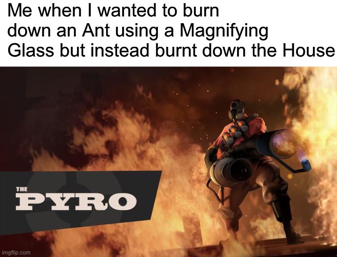 The Pyro - TF2 | Me when I wanted to burn down an Ant using a Magnifying Glass but instead burnt down the House | image tagged in the pyro - tf2 | made w/ Imgflip meme maker