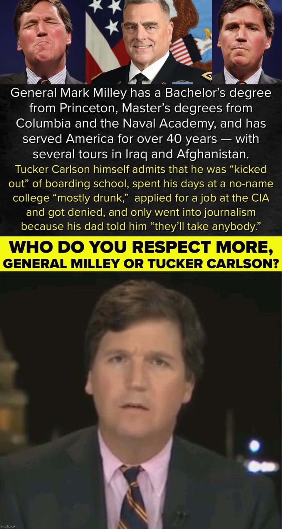 TUCKER CARLSON. Did Maoist Milley build a show from the GROUND UP to reach MILLIONS of viewers? Nah, too busy reading Marx. | image tagged in tucker carlson vs general milley,tucker carlson,media,leftist,marxism,cultural marxism | made w/ Imgflip meme maker
