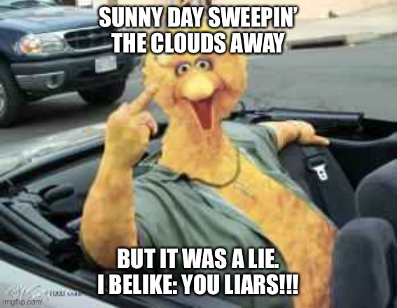 Sesame Street theme in a nutshell | SUNNY DAY SWEEPIN’ THE CLOUDS AWAY; BUT IT WAS A LIE. I BELIKE: YOU LIARS!!! | image tagged in big bird bird | made w/ Imgflip meme maker