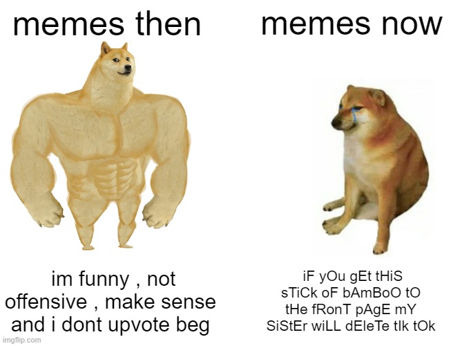 memes then vs now | memes then; memes now; im funny , not offensive , make sense and i dont upvote beg; iF yOu gEt tHiS sTiCk oF bAmBoO tO tHe fRonT pAgE mY SiStEr wiLL dEleTe tIk tOk | image tagged in memes,buff doge vs cheems | made w/ Imgflip meme maker