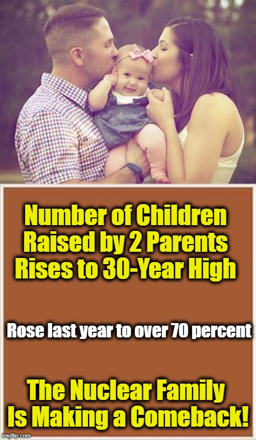 Finally, Some GOOD News! | Number of Children Raised by 2 Parents Rises to 30-Year High; Rose last year to over 70 percent; The Nuclear Family 
Is Making a Comeback! | image tagged in politics,conservative logic,family,common sense,nuclear family,married with children | made w/ Imgflip meme maker