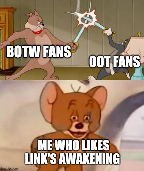 Tom and Jerry swordfight | BOTW FANS; OOT FANS; ME WHO LIKES LINK'S AWAKENING | image tagged in tom and jerry swordfight | made w/ Imgflip meme maker