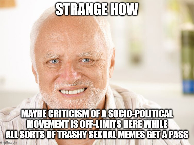 Awkward smiling old man | STRANGE HOW MAYBE CRITICISM OF A SOCIO-POLITICAL MOVEMENT IS OFF-LIMITS HERE WHILE ALL SORTS OF TRASHY SEXUAL MEMES GET A PASS | image tagged in awkward smiling old man | made w/ Imgflip meme maker