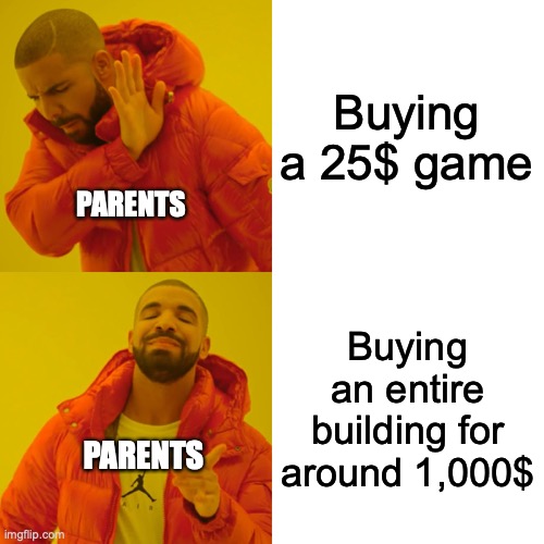 Meme about your parents | Buying a 25$ game; PARENTS; Buying an entire building for around 1,000$; PARENTS | image tagged in memes,drake hotline bling | made w/ Imgflip meme maker