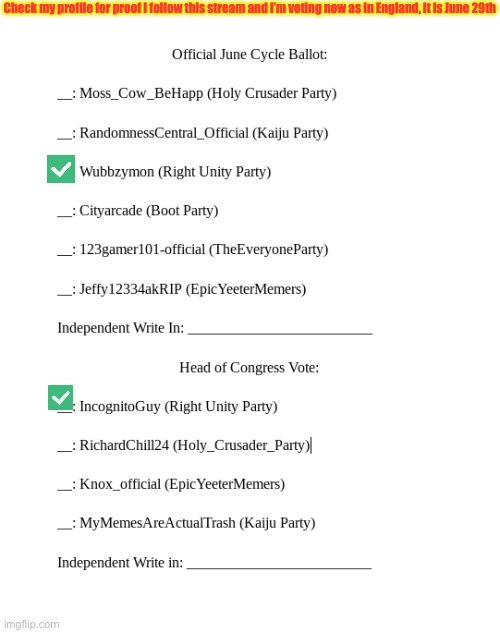 My votes | Check my profile for proof I follow this stream and I’m voting now as in England, it is June 29th | image tagged in june election ballot | made w/ Imgflip meme maker
