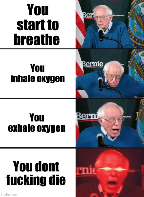 I love it when I dont fucking die. | You start to breathe; You inhale oxygen; You exhale oxygen; You dont fucking die | image tagged in bernie sanders reaction nuked | made w/ Imgflip meme maker