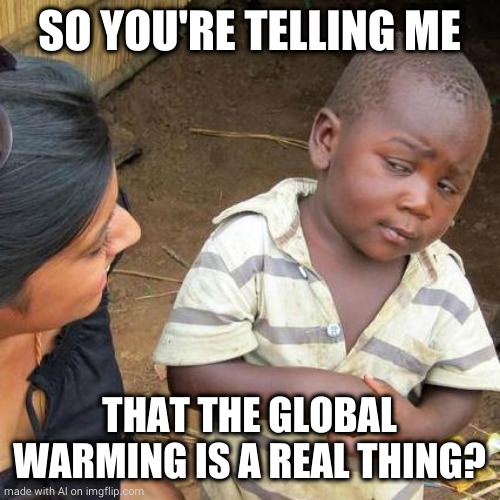 Third World Skeptical Kid Meme | SO YOU'RE TELLING ME; THAT THE GLOBAL WARMING IS A REAL THING? | image tagged in memes,third world skeptical kid | made w/ Imgflip meme maker