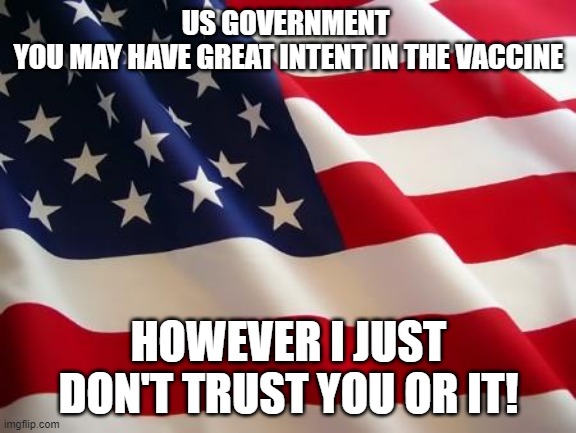 American flag | US GOVERNMENT 
YOU MAY HAVE GREAT INTENT IN THE VACCINE; HOWEVER I JUST DON'T TRUST YOU OR IT! | image tagged in american flag | made w/ Imgflip meme maker