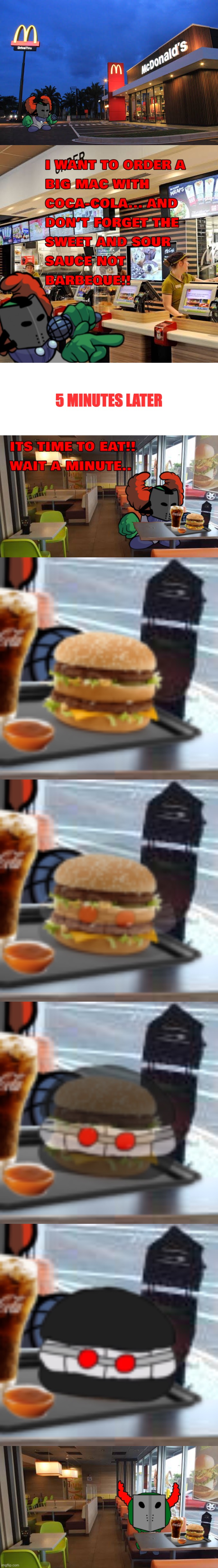 Tricky goes to McDonald’s (Gone Wrong) (Sadness Combat) (Tiky Moment) | 5 MINUTES LATER | image tagged in tricky,tricky the clown,mcdonalds,sadness combat,hankburger,madness combat | made w/ Imgflip meme maker