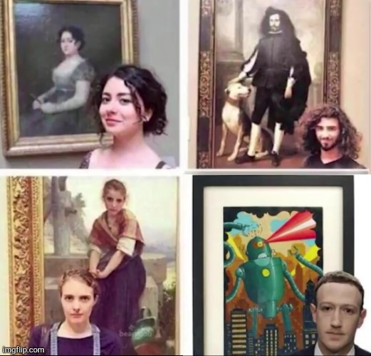 people in front of relatable paintings | image tagged in mark zuckerberg | made w/ Imgflip meme maker