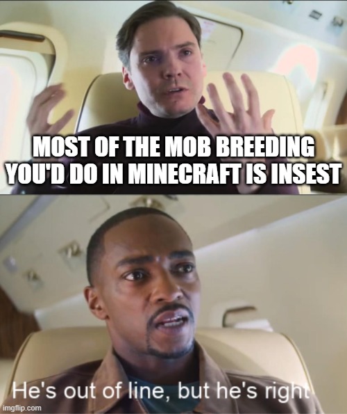 Think about it tho... | MOST OF THE MOB BREEDING YOU'D DO IN MINECRAFT IS INSEST | image tagged in he's out of line but he's right | made w/ Imgflip meme maker