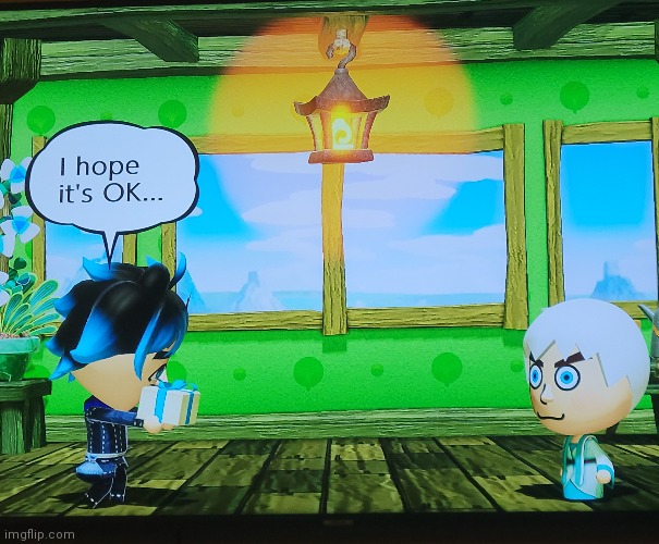 Tomo it's okay, he's your lil bro he gonna love it | image tagged in miitopia | made w/ Imgflip meme maker