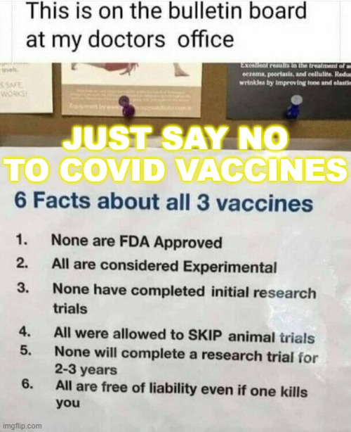 Just say no to COVID vaccines | JUST SAY NO TO COVID VACCINES | image tagged in covid-19 vaccines | made w/ Imgflip meme maker