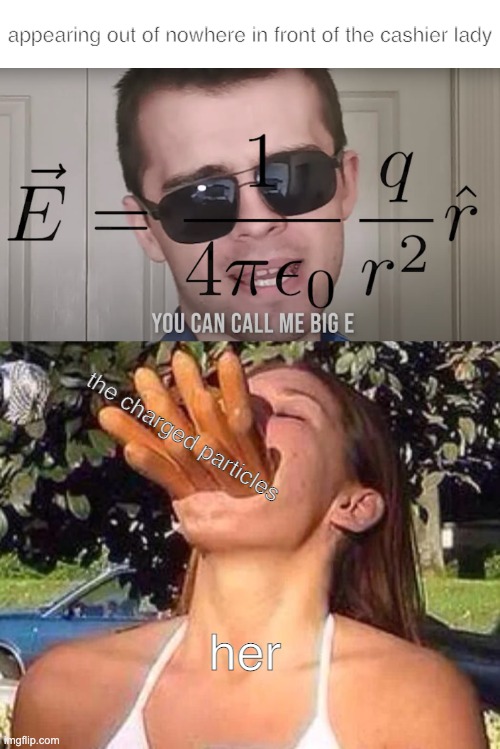 mr p capital e | appearing out of nowhere in front of the cashier lady; the charged particles; her | image tagged in hot dog girl | made w/ Imgflip meme maker