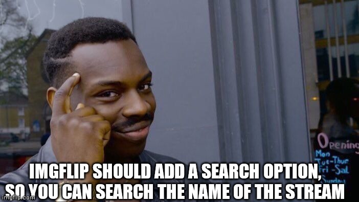 Roll Safe Think About It | IMGFLIP SHOULD ADD A SEARCH OPTION, SO YOU CAN SEARCH THE NAME OF THE STREAM | image tagged in memes,roll safe think about it | made w/ Imgflip meme maker