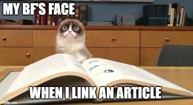 not a reader | MY BF'S FACE; WHEN I LINK AN ARTICLE | image tagged in grumpy cat studying | made w/ Imgflip meme maker