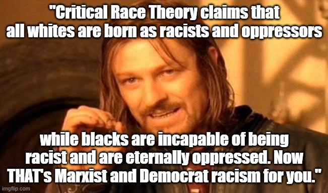 Game of Thrones Sean Bean, "Critical Race Theory says all whites are racist and all blacks are oppressed. That's Democrat racism |  "Critical Race Theory claims that all whites are born as racists and oppressors; while blacks are incapable of being racist and are eternally oppressed. Now THAT's Marxist and Democrat racism for you." | image tagged in memes,game of thrones meme,political memes,critical race theory is racist,critical race theory,american politics | made w/ Imgflip meme maker