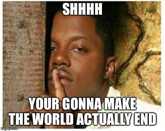 Shhh | SHHHH YOUR GONNA MAKE THE WORLD ACTUALLY END | image tagged in shhh | made w/ Imgflip meme maker