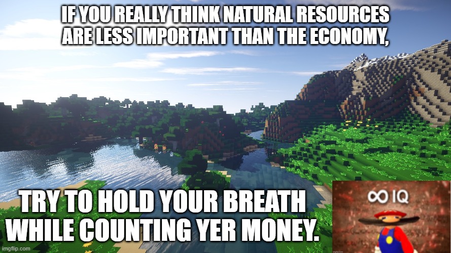 Save it even when its not earth day | IF YOU REALLY THINK NATURAL RESOURCES ARE LESS IMPORTANT THAN THE ECONOMY, TRY TO HOLD YOUR BREATH WHILE COUNTING YER MONEY. | image tagged in nature,earth day,economics | made w/ Imgflip meme maker