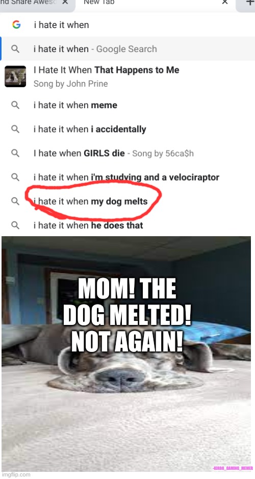 So i got some time, how are you? | MOM! THE DOG MELTED!
NOT AGAIN! -KIRBO_GAMING_MEMER | image tagged in dog memes | made w/ Imgflip meme maker