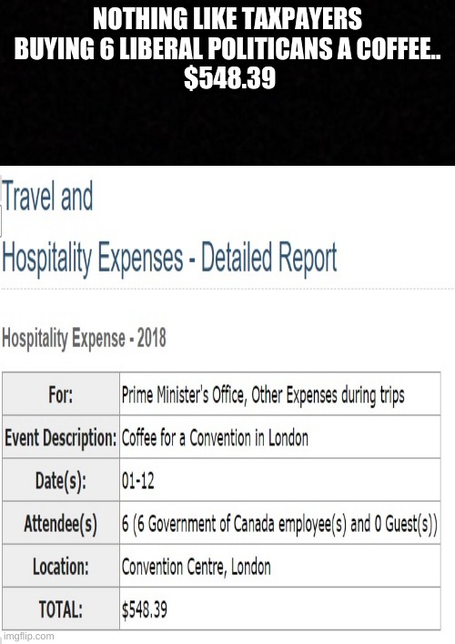 NOTHING LIKE TAXPAYERS BUYING 6 LIBERAL POLITICANS A COFFEE..
 $548.39 | image tagged in trudeau,coffee,taxpayers,liberals | made w/ Imgflip meme maker