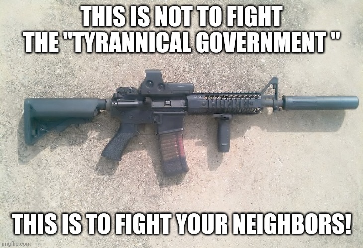 Ar15 | THIS IS NOT TO FIGHT THE "TYRANNICAL GOVERNMENT "; THIS IS TO FIGHT YOUR NEIGHBORS! | image tagged in ar15,gun laws,guns,trump supporter,conservatives,liberals | made w/ Imgflip meme maker