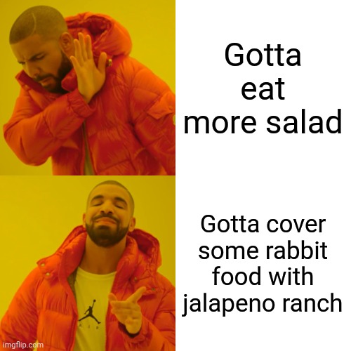 Ranch dressing drake | Gotta eat more salad; Gotta cover some rabbit food with jalapeno ranch | image tagged in memes,drake hotline bling | made w/ Imgflip meme maker