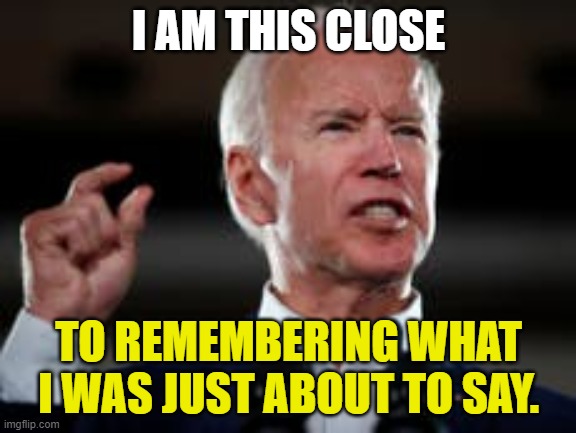 So Close ... But So Far Away for Biden | I AM THIS CLOSE; TO REMEMBERING WHAT I WAS JUST ABOUT TO SAY. | image tagged in joe biden,democrats,liberals,kamala harris,donald trump,nitwit | made w/ Imgflip meme maker