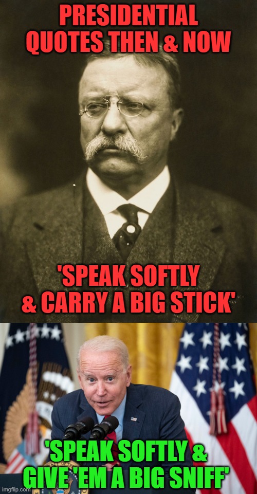 First in a series | PRESIDENTIAL QUOTES THEN & NOW; 'SPEAK SOFTLY & CARRY A BIG STICK'; 'SPEAK SOFTLY & GIVE 'EM A BIG SNIFF' | image tagged in teddy roosevelt,biden whisper | made w/ Imgflip meme maker