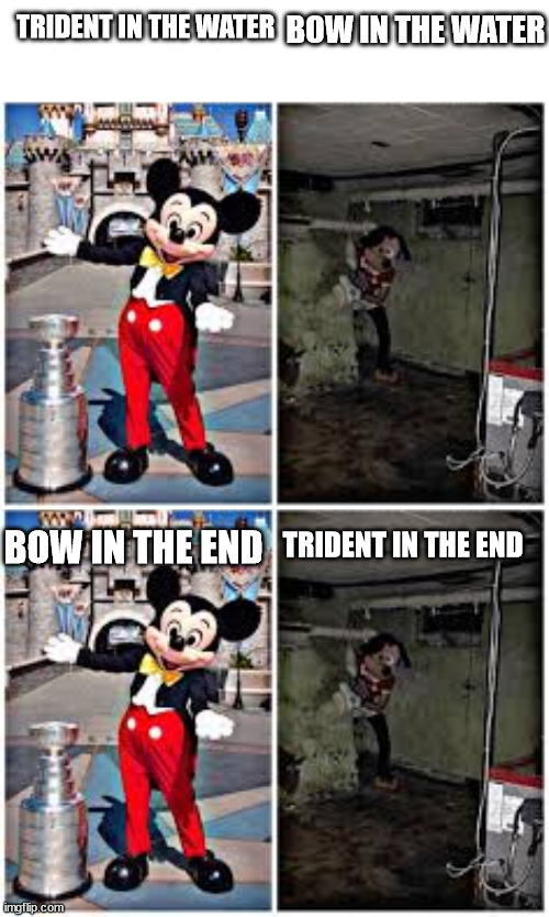 Trident is powerful but does not mean it is perfect. | BOW IN THE WATER; TRIDENT IN THE WATER; BOW IN THE END; TRIDENT IN THE END | image tagged in mickey mouse in disneyland | made w/ Imgflip meme maker