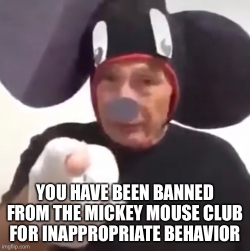 YOU HAVE BEEN BANNED FROM THE MICKEY MOUSE CLUB FOR INAPPROPRIATE BEHAVIOR | made w/ Imgflip meme maker