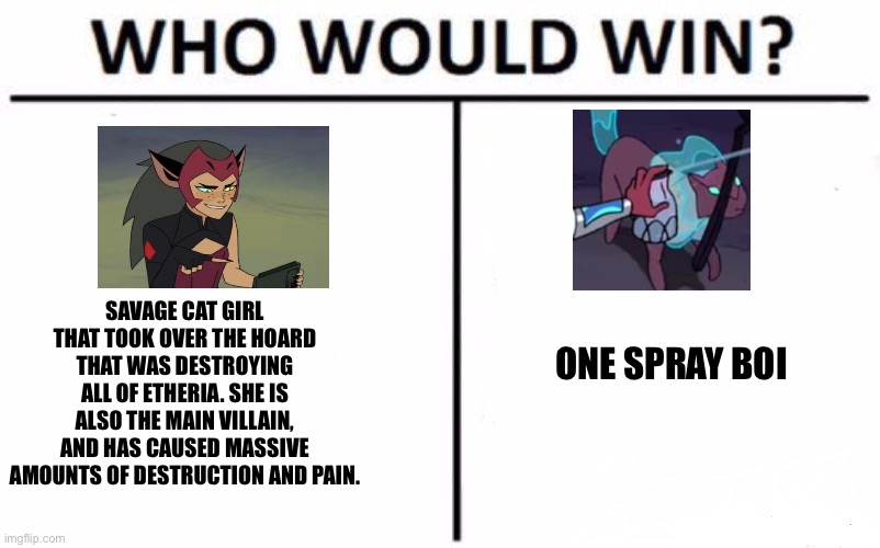 Spritz spritz | SAVAGE CAT GIRL THAT TOOK OVER THE HOARD THAT WAS DESTROYING ALL OF ETHERIA. SHE IS ALSO THE MAIN VILLAIN, AND HAS CAUSED MASSIVE AMOUNTS OF DESTRUCTION AND PAIN. ONE SPRAY BOI | image tagged in memes,who would win,she-ra | made w/ Imgflip meme maker