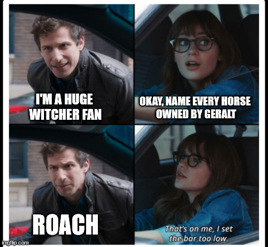 Brooklyn 99 Set the bar too low | I'M A HUGE 
WITCHER FAN; OKAY, NAME EVERY HORSE 
OWNED BY GERALT; ROACH | image tagged in brooklyn 99 set the bar too low,geralt of rivia,the witcher | made w/ Imgflip meme maker