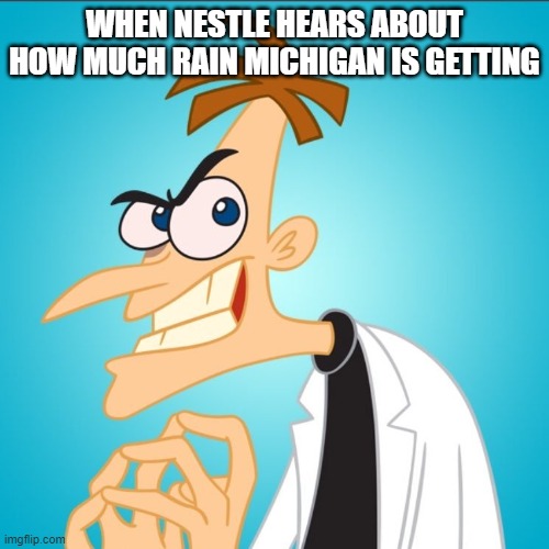 Lets Make Lots of Money! | WHEN NESTLE HEARS ABOUT HOW MUCH RAIN MICHIGAN IS GETTING | image tagged in funny,nestle,michigan,rain,water,phineas and ferb | made w/ Imgflip meme maker