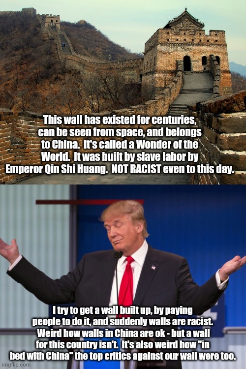 Walls are only racist if you're a republican wanting a wall. | This wall has existed for centuries, can be seen from space, and belongs to China.  It's called a Wonder of the World.  It was built by slave labor by Emperor Qin Shi Huang.  NOT RACIST even to this day. I try to get a wall built up, by paying people to do it, and suddenly walls are racist.  Weird how walls in China are ok - but a wall for this country isn't.  It's also weird how "in bed with China" the top critics against our wall were too. | image tagged in donald trump shrugging,wall,political meme | made w/ Imgflip meme maker