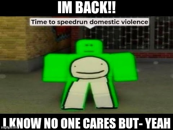 *Do Do Do Doo music intesifies* | IM BACK!! I KNOW NO ONE CARES BUT- YEAH | image tagged in dream,speedrun,domestic violence | made w/ Imgflip meme maker